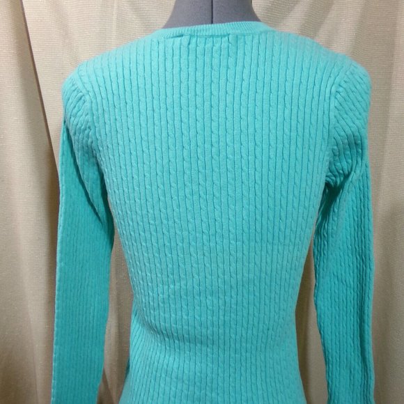 JEANNE PIERRE Cable knit Sweater Top S Mint Green Henley 1/2 button up Long slv - Picture 6 of 8